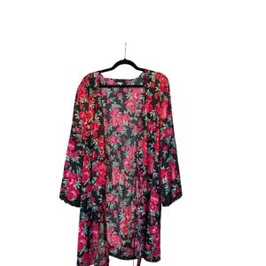 Pink K Women Floral Kimono Robe Large Black Red Rose Lace Trim Long Sleeve